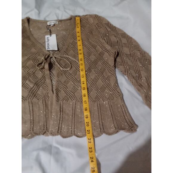 Kathy Ireland Front Tie  Open Crochet Knit Beige Sliver Sparkling Sweater Sz XL - Picture 3 of 12